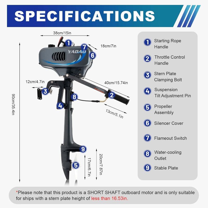 Photo 2 of 2 Stroke 3.5HP Outboard Motor Boat Engine with Water Cooling System and CDI Ignition, Small Fishing Boat Motors Heavy Duty Universal Outboard Boat Engine for Rubber Boat, Inflatable Boats