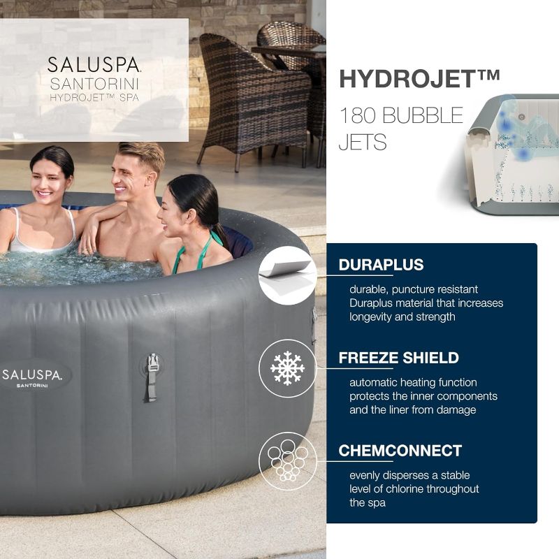 Photo 2 of Bestway SaluSpa Santorini HydroJet 5 to 7 Inflatable Hot TubRound Portable Outdoor Spa with 180 Soothing Jets and Cover, Gray, Pool Only.