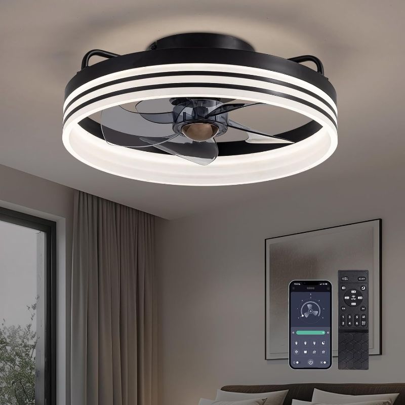 Photo 1 of Ceiling Fans with Lights and Remote, Low Profile Ceiling Fan with Stepless Dimming Lighting, 6 Wind Speeds, 20" Inch Flush Mount Ceiling Fan for Bedroom