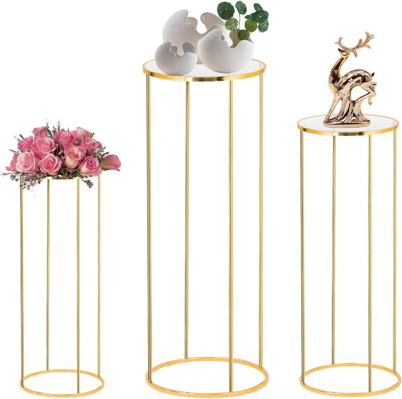 Photo 1 of 3PCS Cylinder Pedestal Stands for Parties, Gold Metal Plant Round Cylinder Stands for Party Flowers, Display Columns Pedestal Stand Cylinder Tables for Vases Birthday Party Backdrop Decorations