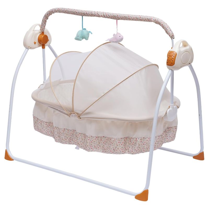 Photo 1 of Electric Baby Cradle Swing, Foldable Baby Crib Cradle Infant Bed Auto Swing with Remote Control & Music 55LBS Capacity Adjustable 5 Speed Infant Rocking Chair Bed Khaki