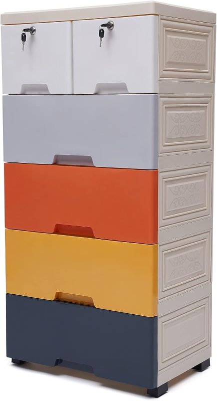 Photo 1 of 5 Tier Storage Cabinet Plastic Storage Cabinet with 6 Drawers Lockable Vertical Clothes Storage Cabinet with Wheels Home Offince Storage Cabinet for Bedroom (Morandi,13.8"D x 19.7"W x 40.2"H)