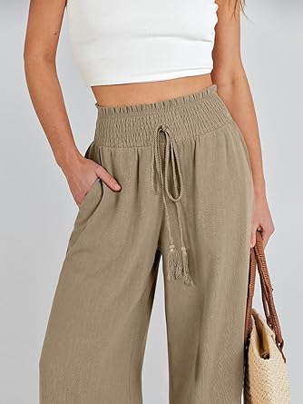 Photo 1 of SIZE SMALL - ANRABESS Women's Linen Palazzo Pants Summer Casual Vacation High Waist Wide Leg Trousers Trendy Lounge Pant with Pockets