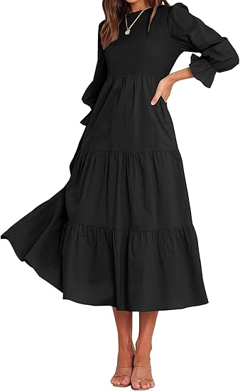 Photo 1 of SIZE 2XLARGE - BTFBM Women Casual Long Sleeve Dress Fall Dresses 2024 Solid Color Relaxed Fit Smocked Tiered Flowy Boho Long Dresses