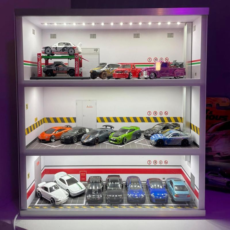 Photo 1 of Garage Display Case Collectible Display Show Case with LED Lights,Model Car Display Case for 1:64 Scale Mini Car Parking Space Scene Collectible Gift Decoration 3 Layer Model Car Parking Lot Garage