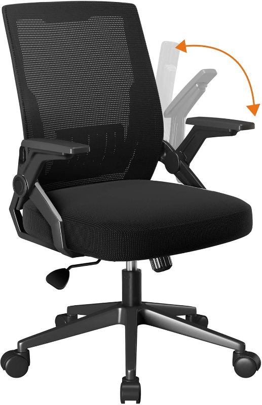 Photo 1 of COMHOMA Office Chair with Flip-up Armrests Ergonomic Computer Desk Chair Foldable Mesh Task Chair with Wheels Adaptive Lumbar Support Swivel Tilt Comfortable Study Chair for Student, Black