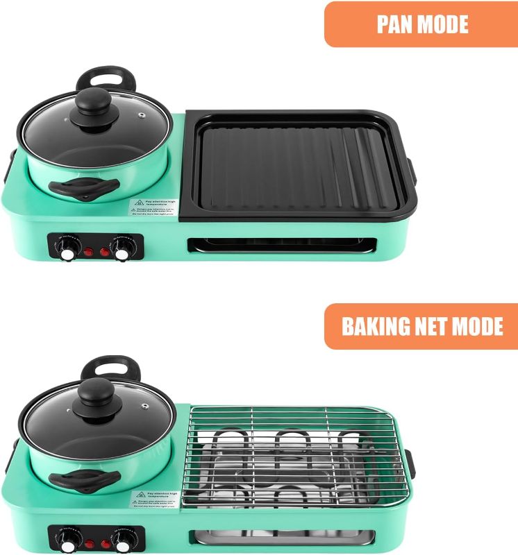 Photo 1 of 3 in 1 Electric Hot Pot with Grill,Baking Tray Indoor NonStick Korean BBQ Grill and Frying Pan, Detachable Shabu Pot with Grill,Dual Temperature Control,Green