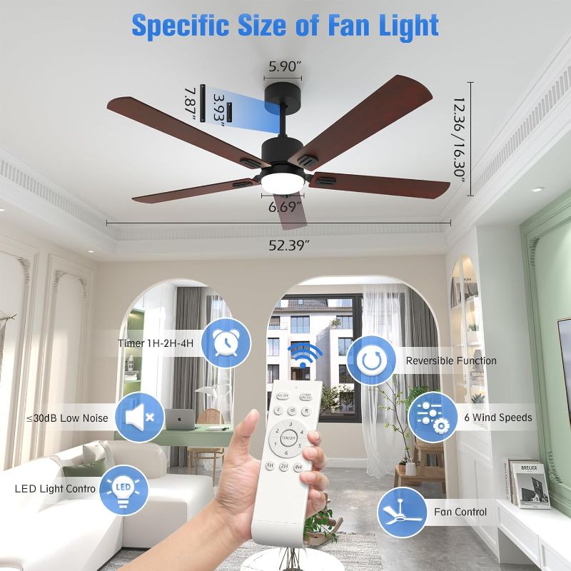 Photo 1 of Ceiling Fans with Lights 52 Inch Flush Mount Ceiling Fan with Remote Control Modern Farmhouse 3 LED Colors,Low Profile Indoor Reversible Motor (Black/Walnut)