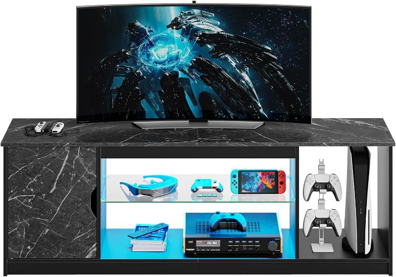Photo 1 of Bestier LED TV Stand for 55/60/65 Inch TV, Gaming Entertainment Center with Cabinet for PS5, Xbox,Modern TV Cabinet with Adjustable Glass Shelves for Living Room, Bedroom 58 Inch,Black Marble