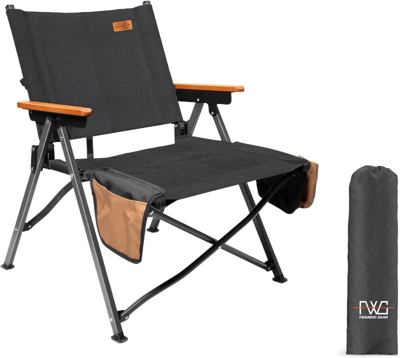 Photo 1 of Folding Camping Chair Beach Chair, Lightweight Portable Folding Chair Wood Armrest with Side Pockets, Cup Holder for Camping, Picnic, Concert, Beach, Fishing