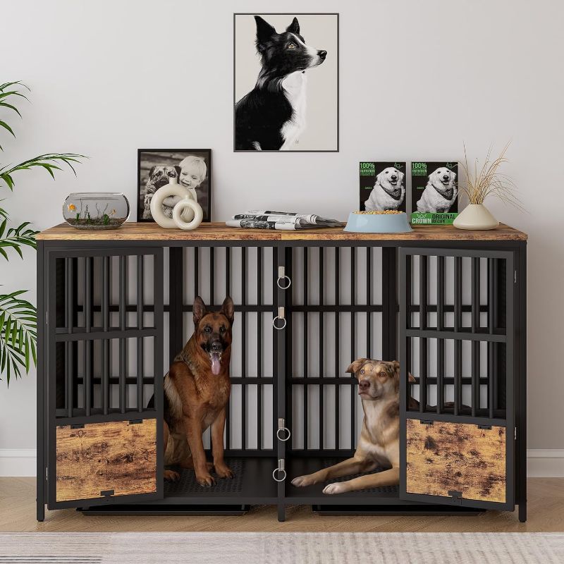 Photo 1 of BOINN Large Dog Crate Furniture, 63 inch Heavy Duty Double Dog Crate with Divider, Extra Large Dog Kennel Furniture with Removable Trays for Medium Large Dogs