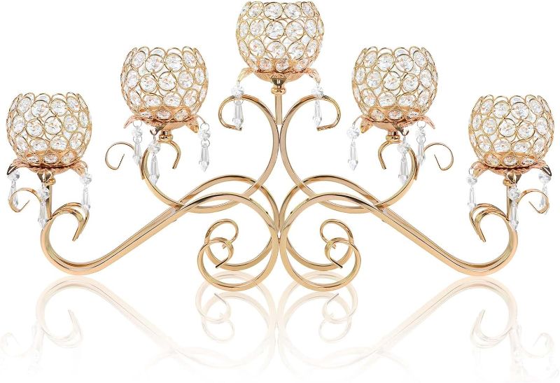 Photo 1 of 5 Arms Crystal Pendant Bowl Tealight Candelabra Crystal Votive Candle Holder, 5-arms Metal Crystal Tea Light Candlestick Holder for Table Centerpiece Wedding Home Decor (Gold