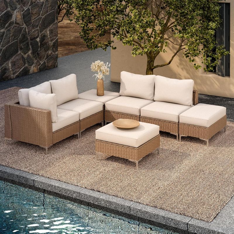 Photo 1 of HOME 7 Pieces Patio Furniture Set with Hidden Storage Compartment, Outdoor Natural Color Patio Conversation Set with Plush Oversized Cushions Beige 