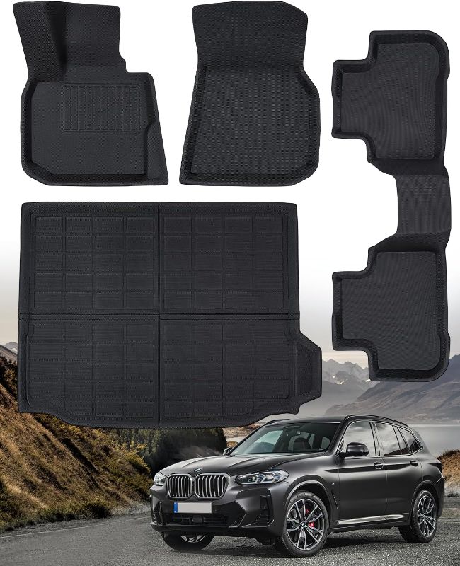 Photo 1 of DrCarNow for BMW X3 Floor Mats,Fit for BMW X3 G01 2018-2024 for BMW X4 G02 2019-2024 Floor Mats,All Weather Rubber Car Mats Fit 1st & 2nd Row Floor Liners and Trunk Mat Full Set Accessories (4PCS)