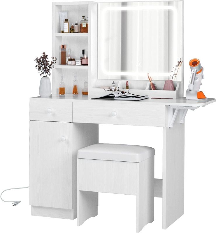 Photo 1 of IRONCK Vanity Desk with LED Lighted Mirror & Power Outlet, Makeup Table with Drawers & Cabinet,Storage Stool,for Bedroom, White