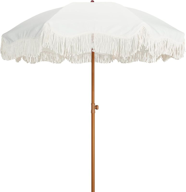 Photo 1 of AMMSUN Boho Outdoor Umbrella with Tassels, 6.5ft Fringe Beach Umbrella, UPF50+ Picnic Umbrella Outdoor Patio with Steel Pole and Push Button Tilt, Antique White