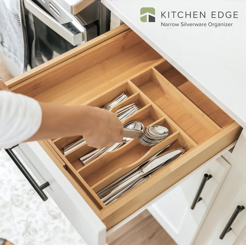 Photo 1 of Premium Silverware, Flatware and Utensil Organizer for Narrow Kitchen Drawers, Expandable 10.5 to 19 in, 8 Storage Compartments, Non-Slip Feet, Food-Safe, 100% Bamboo Wood