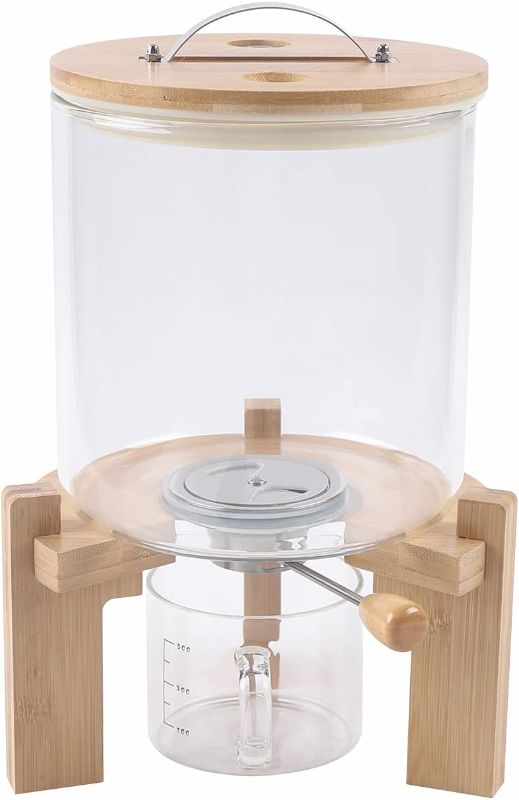 Photo 1 of PIOJNYEN Rice Dispenser, Food Storage Containers, Glass Grain Container with Airtight Bamboo Lids & Wooden Stand, Rice Container Cereal Dispenser Bucket for Kitchen Soybean Corn (Style 11)