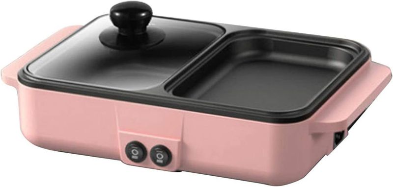 Photo 1 of 2 in 1 Electric BBQ Grill Indoor Hot Pot Non Stick Smokeless Multifunctional Teppanyaki Grill Separate Dual Temperature Control for Steak Sha Pot Rapid Heating (Size : Pink)