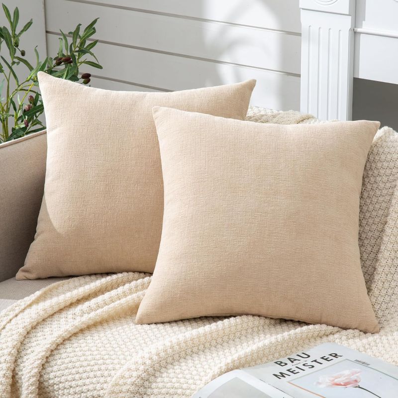 Photo 1 of GAWAMAY Decorative Chenille Throw Pillow Covers 24x24 Inch Pack of 2, Soft Square Couch Pillow Cover for Sofa Cushion Living Room Bedroom Solid Dyed Pillowcases Beige 60x60cm (NO Insets)