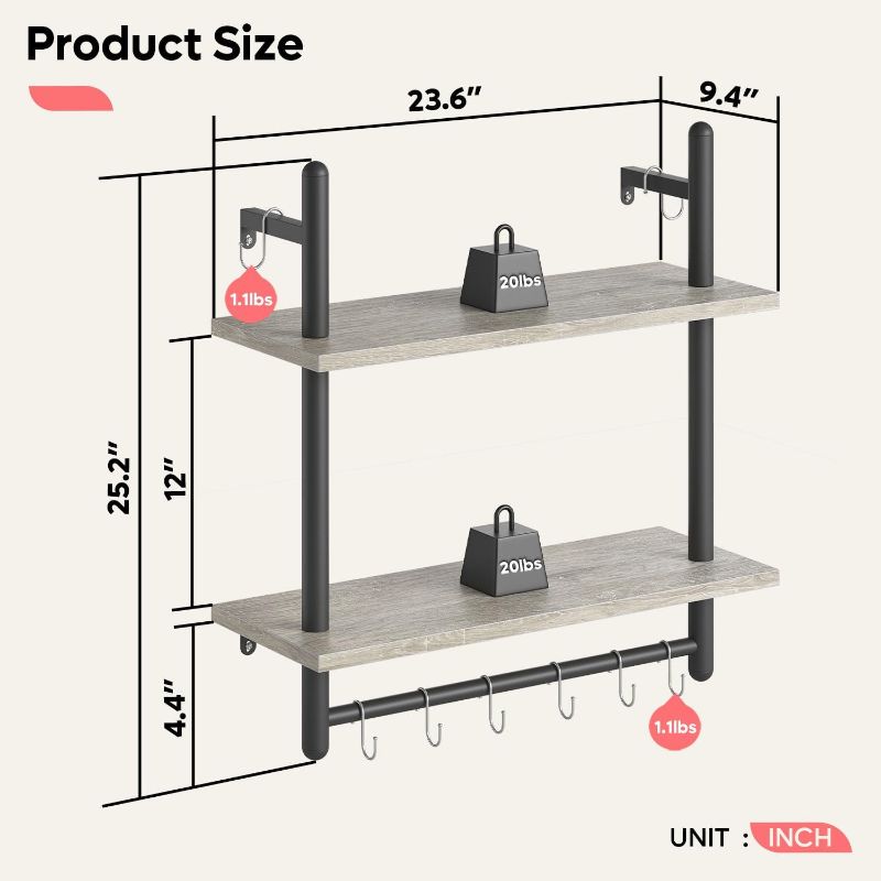 Photo 1 of Bestier Floating Shleves Wall Mounted Kitchen Shelves, Storage Hanging Shelves with Towel Bar for Bathroom, 2 & 3 Tier Bundle, Retro Grey