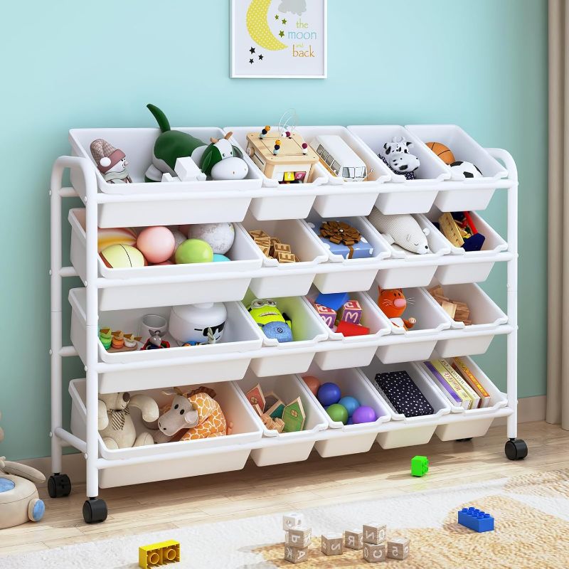 Photo 1 of Kids Toy Storage Organizer with 20 Plastic Bins, 4-Tier Metal Toy Storage Rack, Extra Large Toy Organizer and Storage Bins for Kids Room, Playroom and Nursery, White