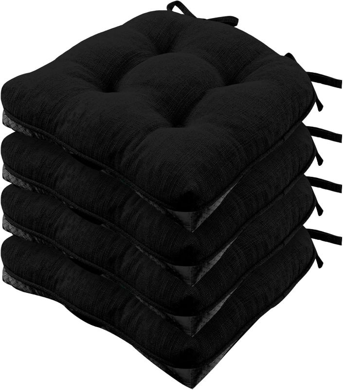 Photo 1 of Fiber Filled Premium Chair Pads - Chair Pads with Tiebacks –17.25” L X 16” W – Black - Set of 4