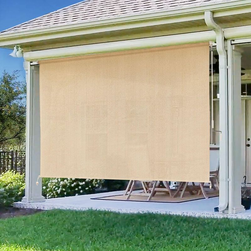 Photo 1 of Artpuch Outdoor Roller Shade 4'(W) x6'(H) Exterior Fabric Blind Sesame Cordless Roll Up Shade, Wand Operation Roller Shade Cloth for Patio Porch Gazebo