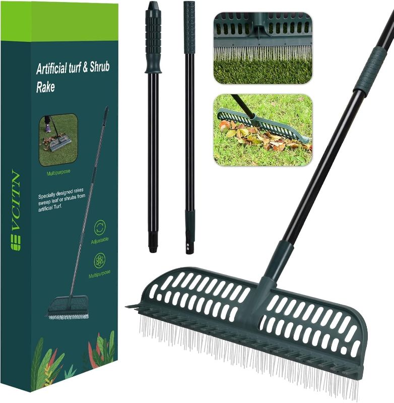 Photo 1 of Artificial Turf Rake, 43 to 63" Long Pole Turf rake - 18" Wide Garden Hand Rake for Lawn, Synthetic Grass, Carpet, Shrub, Remove Leaves, Debris, Pet Hairs (Dark Green)