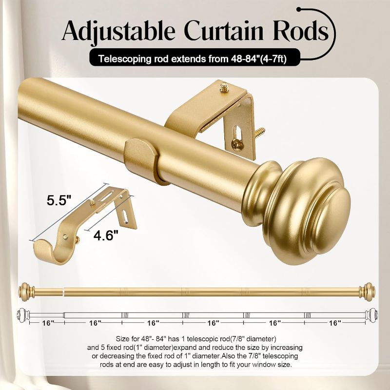 Photo 1 of Heavy Duty Curtain Rods for Windows 48 to 84 Inches, 1 Inch Gold Curtain Rods for Bedroom, Living Room, Patio, Kitchen, Adjustable Curtain Rods with Classic Finials, Gold Finishing