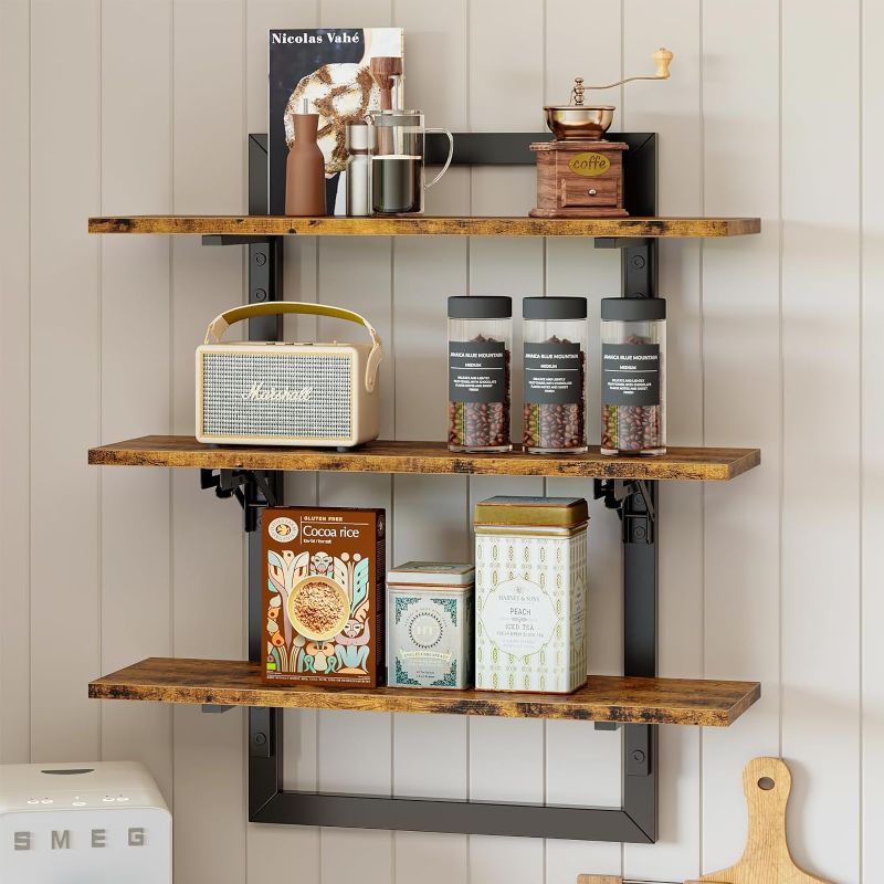 Photo 1 of Bestier Floating Shelves for Wall, 24 inch Kitchen Shelves Wall Mounted, 3 Tier Coffee Bar Shelf with Foldable Brackets, Industrial Display Shelf for Bathroom, Living Room, Rustic Brown