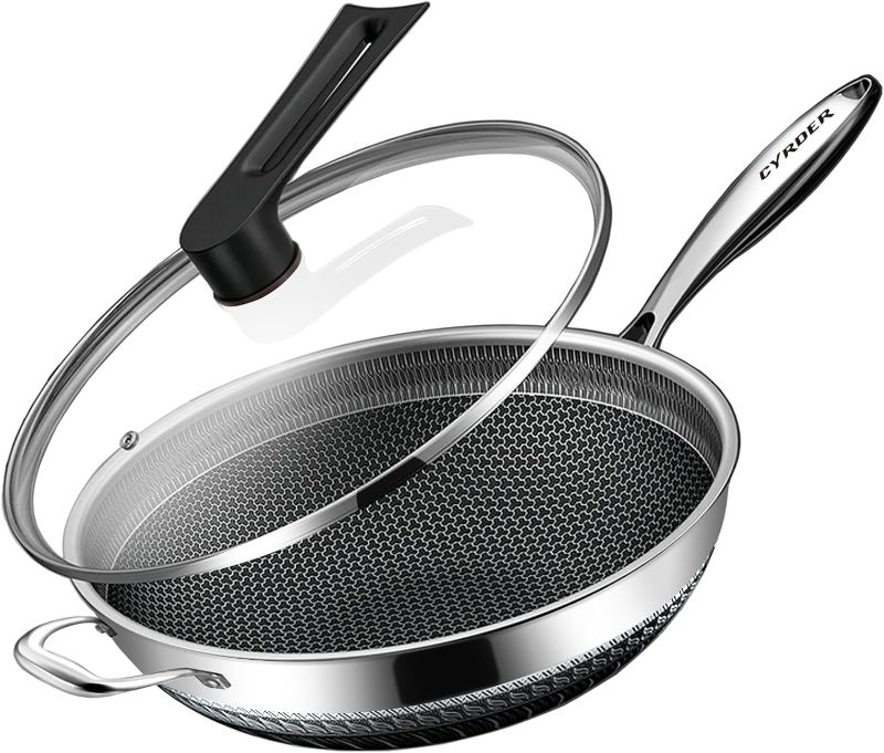 Photo 1 of 14.5inch 316 Stainless Steel Pan, PFOA Free Non-Stick Wok, Dishwasher Oven Safe, Stay Cool Handle Skillet, Works with Induction Cooktop/Ceramic/Gas/Electric Stove