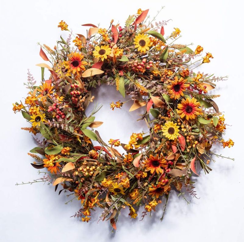 Photo 1 of Fall Wreaths for Front Door 24 Inch Artificial Fall Wreath Large Autumn Wreath for Outside Harvest Thanksgiving Day Celebration