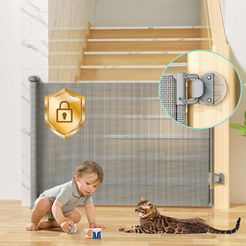 Photo 1 of Retractable Baby Gates No Drill for Stairs Doorways with Auto-Lock, 33" *55" Mesh Baby/Dog/Pet/Cat Gate Safety Double Locking, Punch-Free Durable Child Safety Gate for Hallways Kitchen Indoor/Outdoor