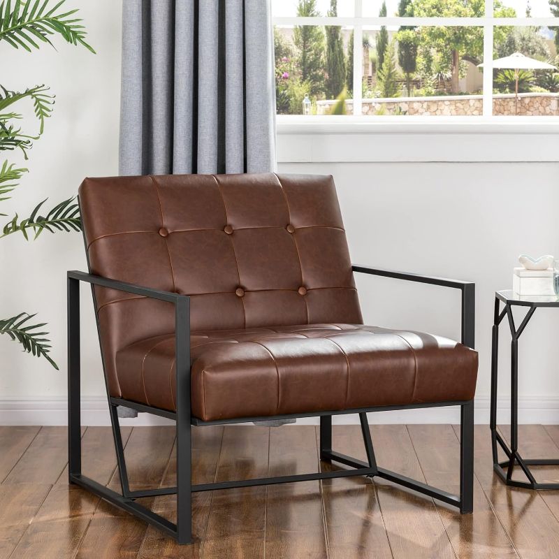 Photo 1 of Glitzhome Mid Century Modern Accent Chair, Modern Living Room Chairs with Durable Metal Frame,PU Leather Cushioned, Reading Armchairs for Living Room, Home Office, Brown