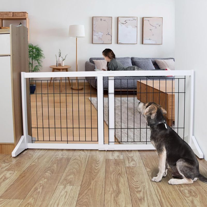 Photo 1 of Free Standing Indoor Dog Gate for The House Expandable Freestanding Dog Gates Indoor Wood White Expandable Pet Gate Adjustable Extra Wide Puppy Gates 24 inches Tall Width from 30 to 53 inches