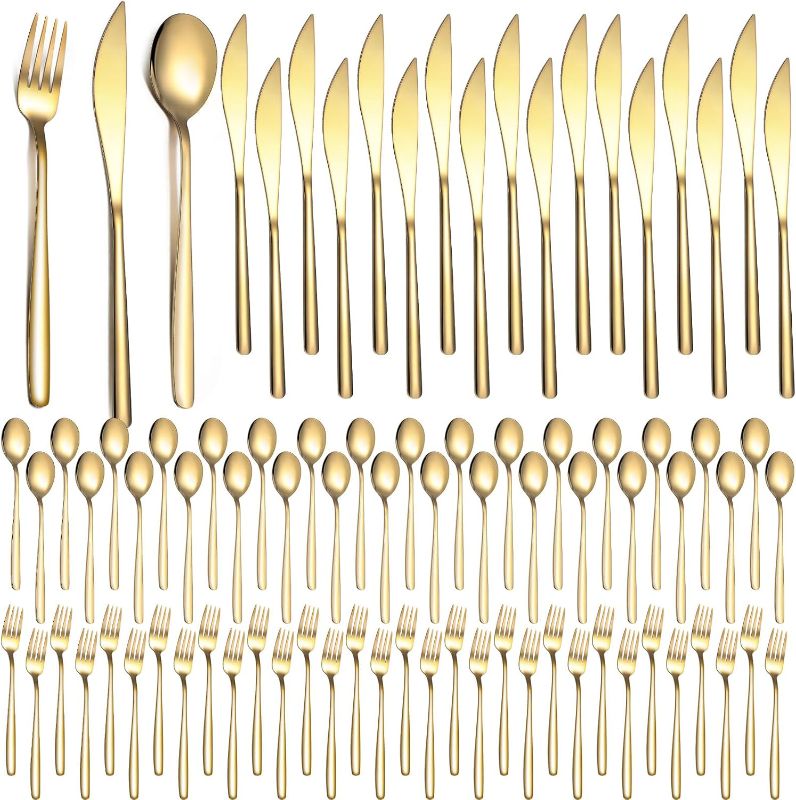 Photo 1 of 240 Pcs Gold Silverware Set Service for 80 Stainless Steel Flatware Set Gold Flatware Gold Cutlery Gold Forks Knives and Spoons Set for Wedding Parties Kitchen Restaurant Home, Dishwasher Safe