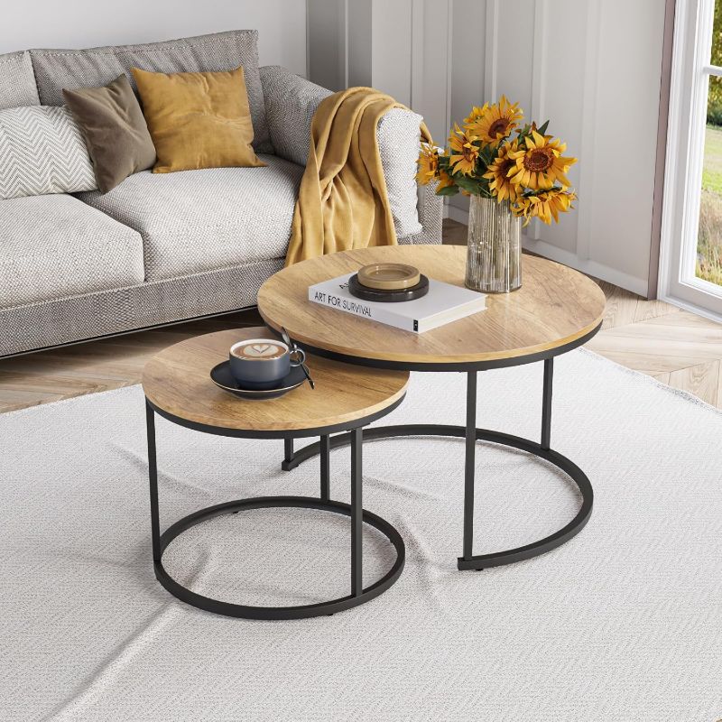 Photo 1 of Smuxee Nesting Coffee Table Set of 2, 27.6" Round Coffee Table Wood Grain Top with Adjustable Non-Slip Feet, Industrial End Table Side Tables for Living Room Bedroom Balcony Yard