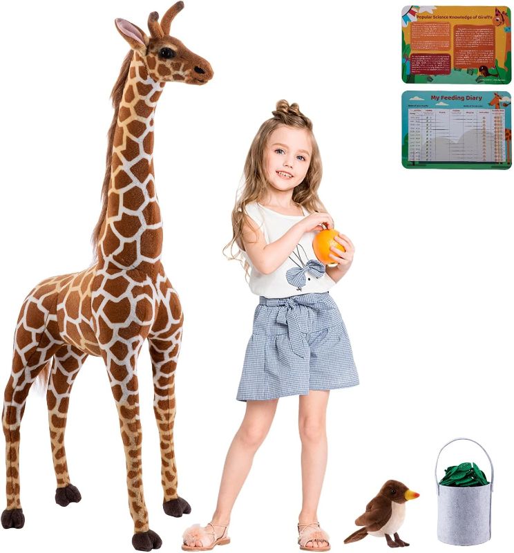 Photo 1 of 47” Large Giraffe Stuffed Animal Set, Giant Giraffe Plush Toys w/Birds, Leaves, Basket, Tall Giraffe Toy Standing Lifelike Stuffed Giraffe Gift for Kids Nursery Baby Shower Party