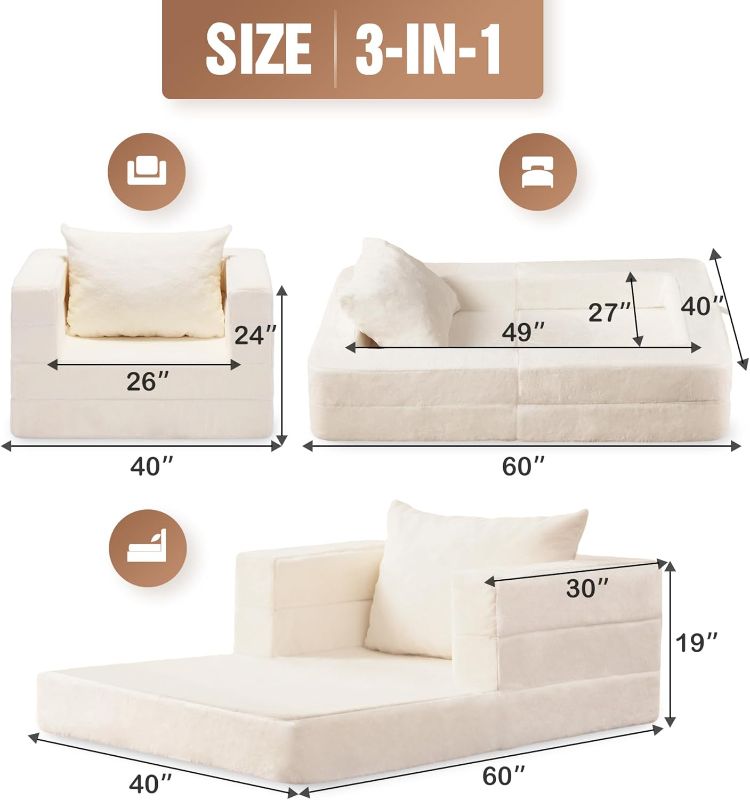 Photo 1 of Folding Bean Bag Chair for Adults,3-in-1 Bean Bag Couch Faux Fur Floor Sofa Large Beanbag Convertible Bean Bag Sofa Bed with Pillow in Bedroom,Living Room,Apartment-Standard,Milky White