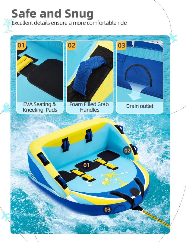 Photo 1 of 3 Person Towable Tube for Boating, Inflatable Water Sports Towables for Boats to Pull 1-3 Rider, Sofa Style Boat Tube with Dual Front and Back Tow Points, Including Nylon Tow Rope