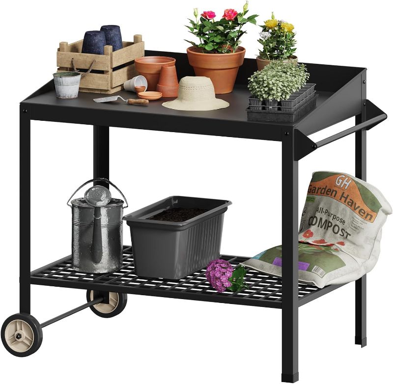 Photo 1 of FOYUEE Metal Potting Bench with Wheels Planting Table for Outdoor Gardening Work Benches for Outside Potters Station Weatherproof