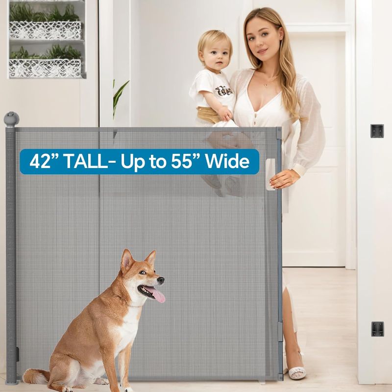 Photo 1 of Bulubaky Extra Tall Safety Retractable Baby Gate Adjustable Wide Retractable Dog Gate Mesh Baby Gate Child Gate for Doorway, Hallway, Stair Gates for Kids or Pets (Grey, 42" Tall x 55" Wide)