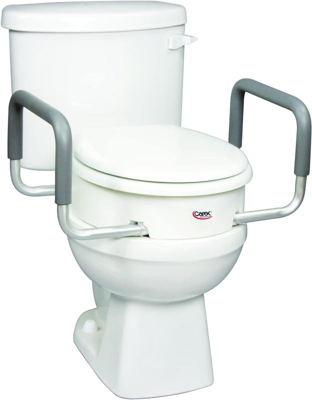 Photo 1 of Carex 3.5 Inch Raised Toilet Seat with Arms - For Elongated Toilets, Elevated Toilet Riser with Removable Padded Handles, Easy On and Off, Support 250 lbs, White