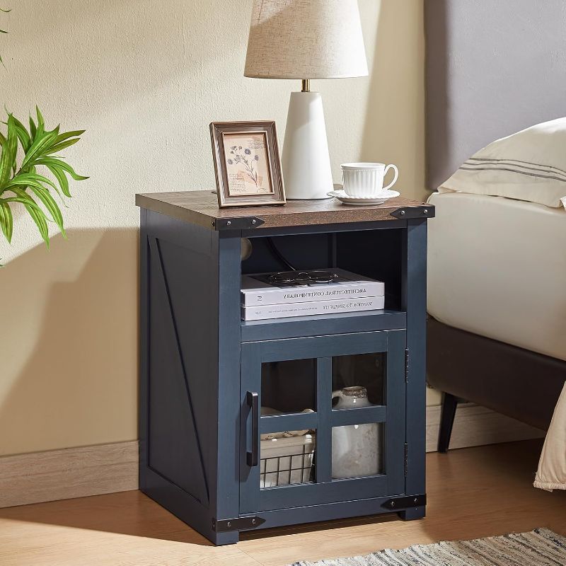 Photo 1 of Farmhouse Nightstand with Charging Station, Rustic End Table with Tempered Glass Barn Door, Wood Sofa Side Bedside Table with Open Storage Shelf for Living Room, Bedroom, Blue