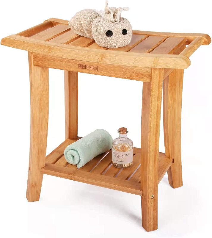 Photo 1 of Bamboo Shower Bench with Storage Shelf, Wooden Spa Bath Deluxe Organizer Shower Stool for Inside Shower Waterproof, Bathroom Bench Seat for Adults Elderly Seniors for Indoor or Outdoor Use