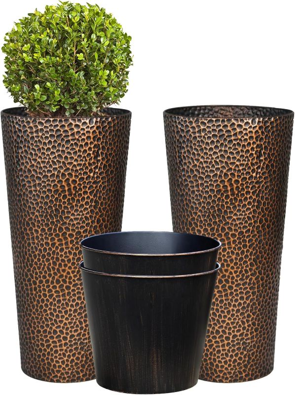 Photo 1 of Worth Garden 2-Pack 28" H. Metal Planter with 2X Inside Pots - Hand-Hammered Texture Tall Cone Plant Pots - Large Handcrafted Bronze Flower Pot for Indoor Outdoor, Deck, Patio, Front Porch