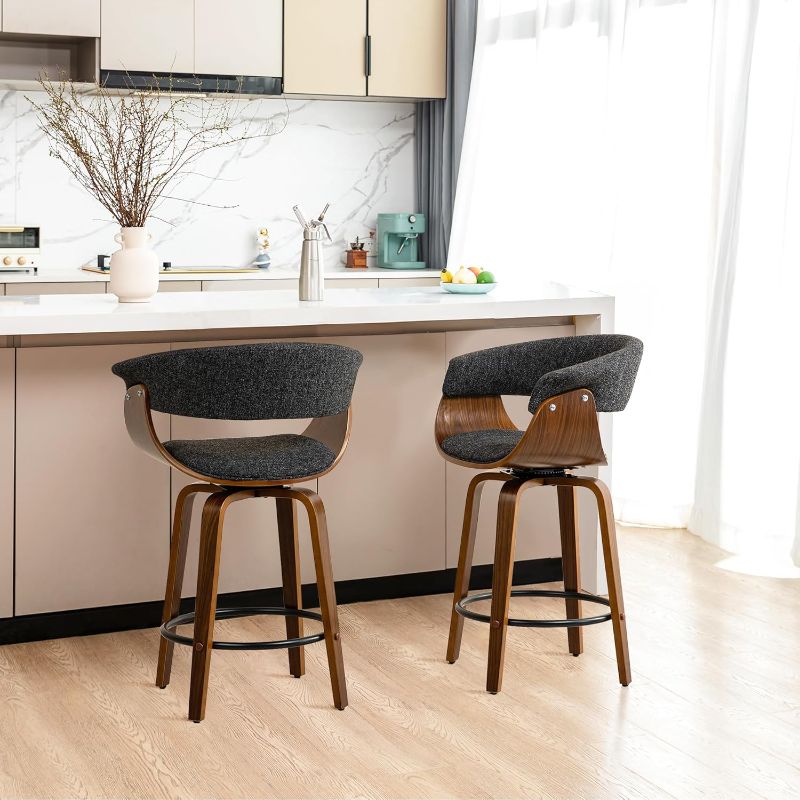 Photo 1 of Glitzhome 24.5''H Swivel Counter Stools Set of 2, Upholstered Fabric Counter Chairs with Back& Footrest, Walnut Wood Frame Bar Stools for Kitchen Island, Home Bar, Black