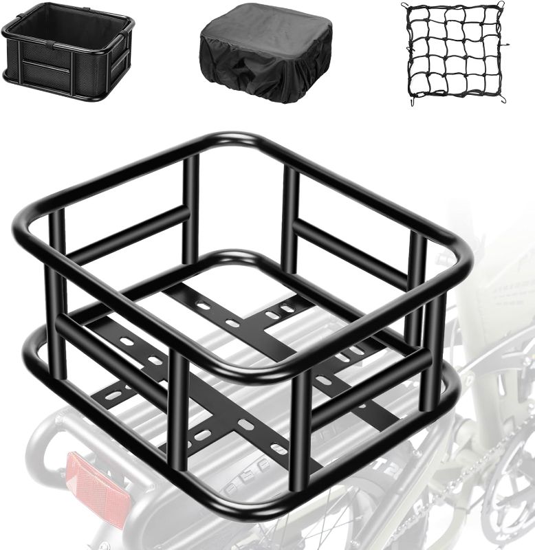 Photo 1 of Bike Basket Rear, Bicycle Basket Rear with Liner,Waterproof Cover,Cargo Net Large Rear Removable Metal Bike Basket, Heavy Duty Bicycle Rear Basket for Most Bikes and E-Bike