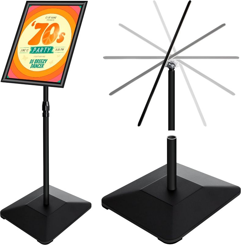 Photo 1 of 11"x17" Pedestal Poster Sign Holder Stand with Heavy Duty Solid Steel Base, Adjustable Floor Standing Sign Holder for Vertical and Horizontal View Sign Super Stable Displayed Stands, Black